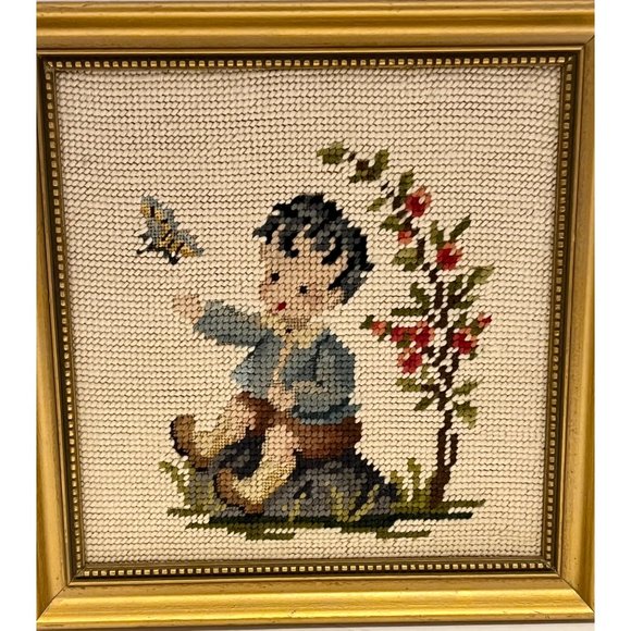 2 Vintage Needlepoint Boy Butterfly Girl Duck Gold Framed Wall Hangings 10" - Picture 5 of 7